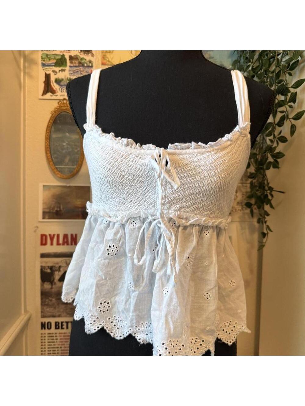 American Eagle White Smocked Eyelet Tie Front Babydoll Cami Size XS